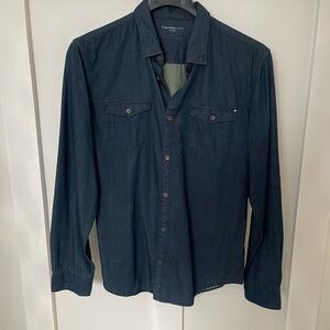 Calvin Klein Mens Deep Rinse Blue Long sleeve button front Denim shirt LARGE